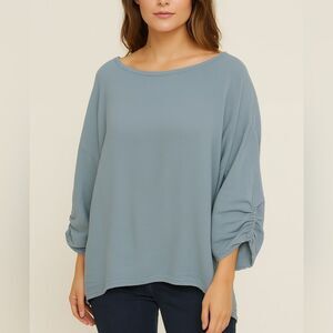 Oh My Gauze! Cotton 3/4 Ruched Sleeve Blouse Top In Muted Blue Size XXL